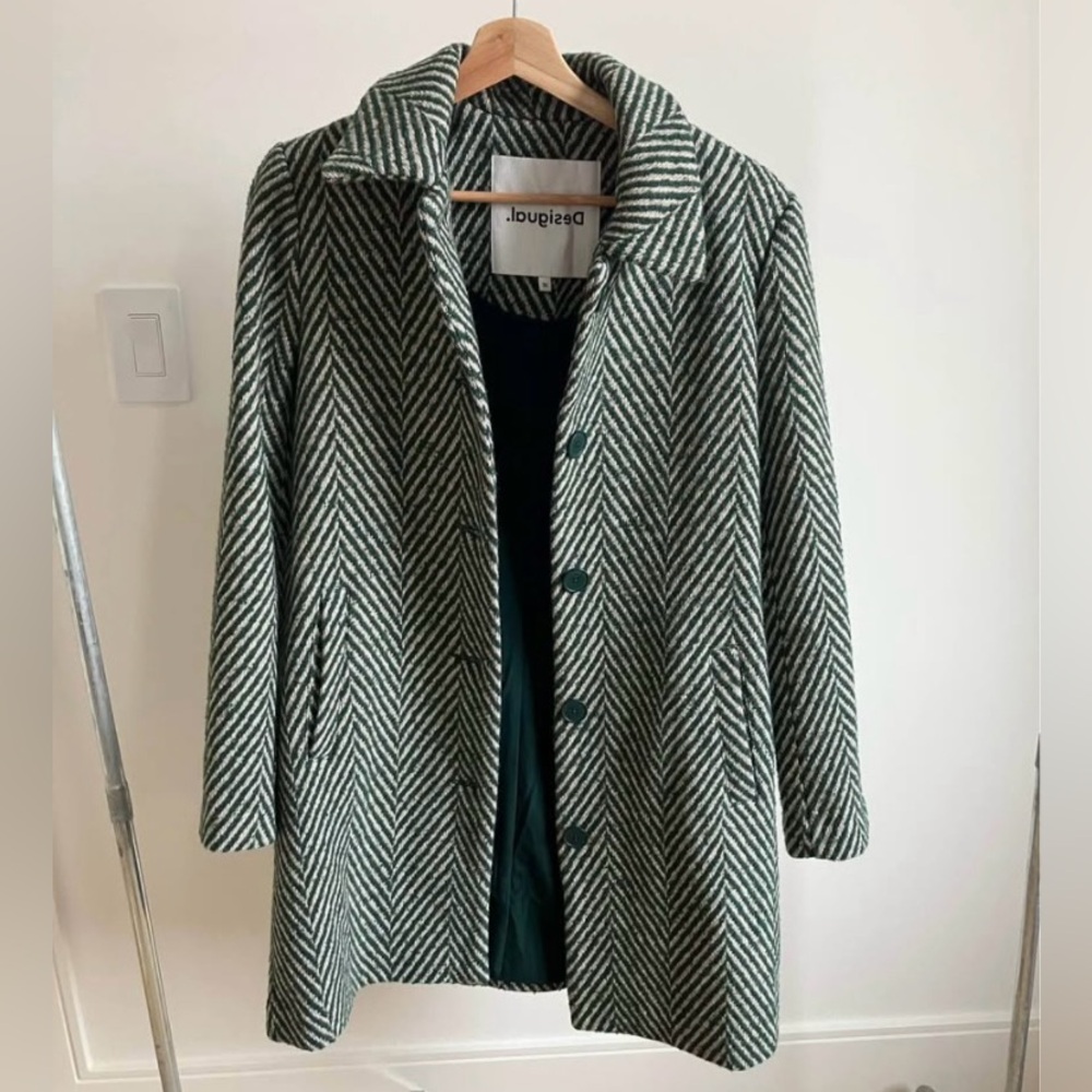 Desigual Women's Green and White Herringbone Coat